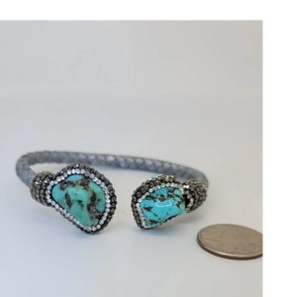 Turquoise & Round Crystal Woven Silver Cord Cuff - Picture 8 of 10